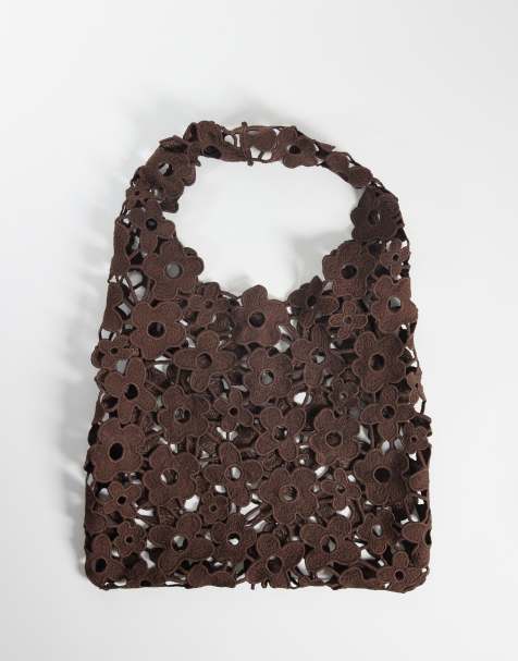 Pieces - Soepele tas van gebloemd kant in chocoladebruin - view 1