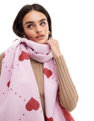 Pieces Soft Heart Print Scarf In Pink And Red