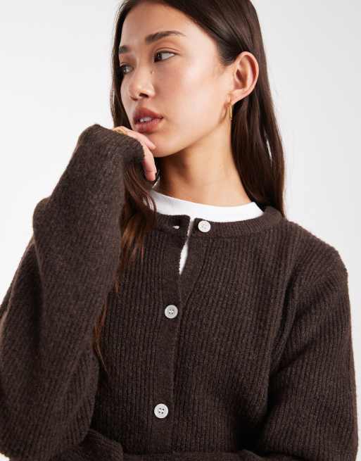 Pieces soft knit long sleeve cardigan in chocolate brown, 3 of 4