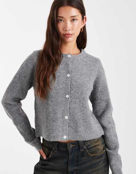 Pieces soft knit long sleeve cardigan in medium grey melange - view 1