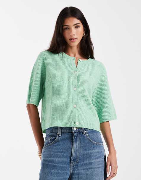 Pieces soft knit short sleeve cardigan in apple green - view 1