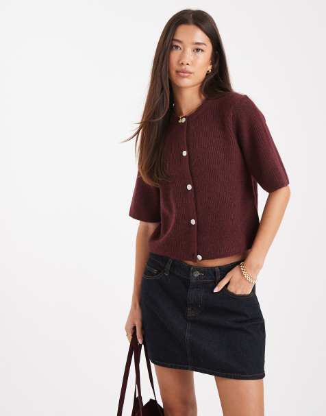 Pieces soft knit short sleeve cardigan in burgundy - view 1
