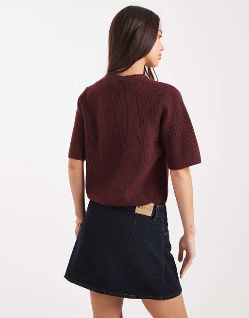 Pieces soft knit short sleeve cardigan in burgundy, 3 of 4