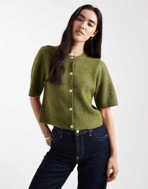 Pieces soft knit short sleeve cardigan in dark green - view 1