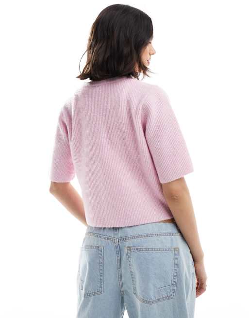 Pieces soft knit short sleeve cardigan in rose pink