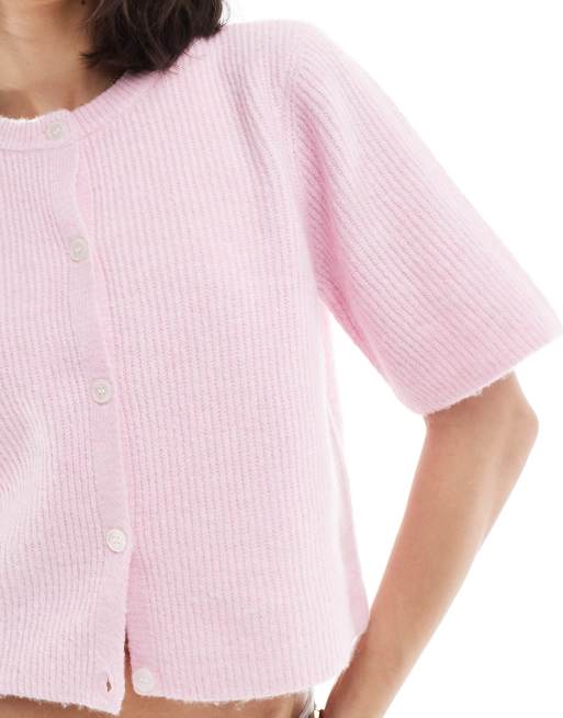 Pieces soft knit short sleeve cardigan in rose pink