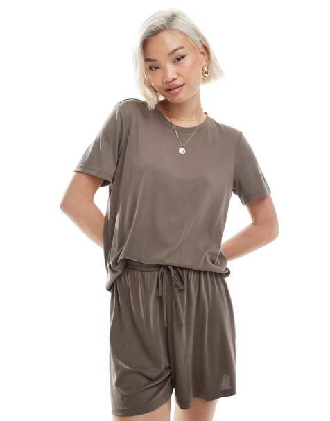 Pieces soft lightweight t-shirt co-ord in morel brown