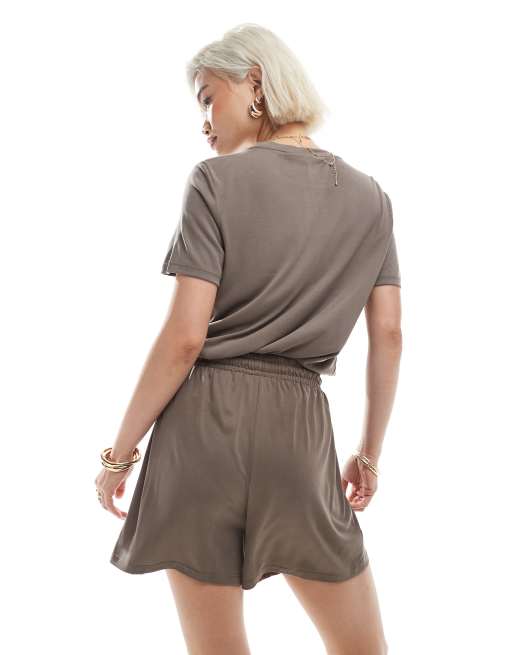 Pieces soft lightweight tie waist shorts in morel brown - part of a set, 2 of 5