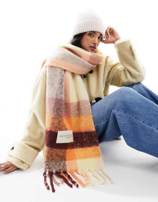 Pieces soft tassle scarf in orange check