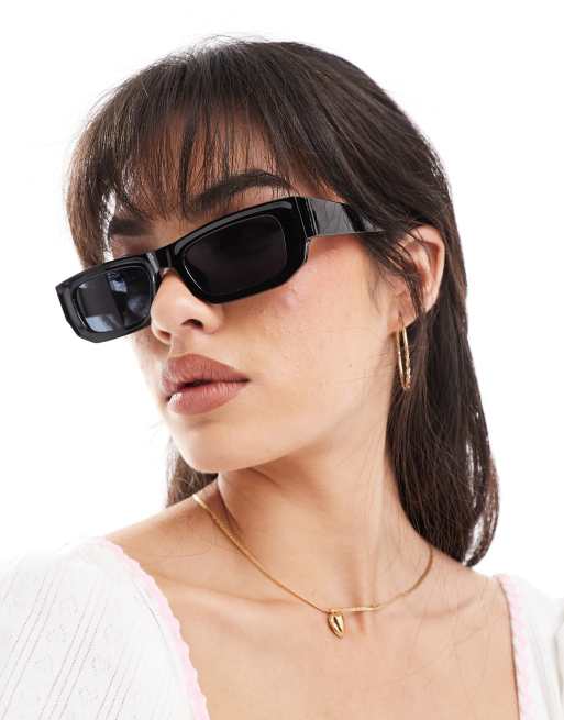 Pieces – Sonnenbrille mit schmalem, markantem Gestell in Schwarz