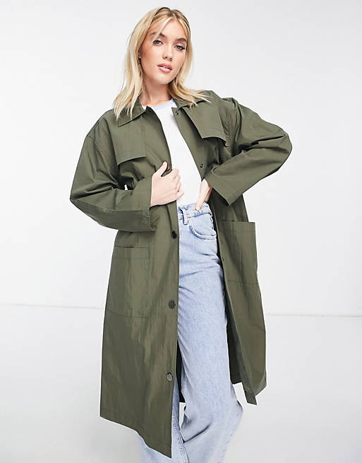 Pieces sonni longline trench in khaki | ASOS