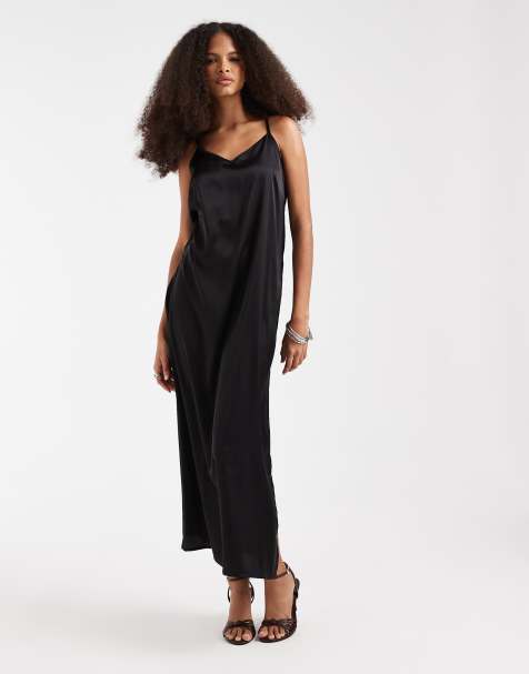 Pieces - Sort cami-maxikjole i satin - view 1