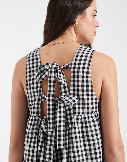 PIECES - Sort og hvid ærmeløs minikjole i seersucker med gingham-tern og bindebånd på ryggen, 3 af 4