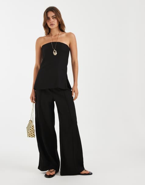 PIECES - Sort sæt med longline-top med bandeau-snit og bukser med vide ben i hørlook - view 1