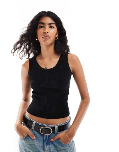 Pieces - Sort tanktop i ribstrik - view 1
