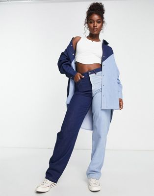 Pieces spliced high waisted straight leg jeans co-ord in light blue wash