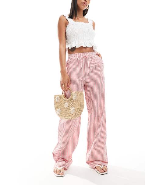 Pieces wide leg striped trousers in red