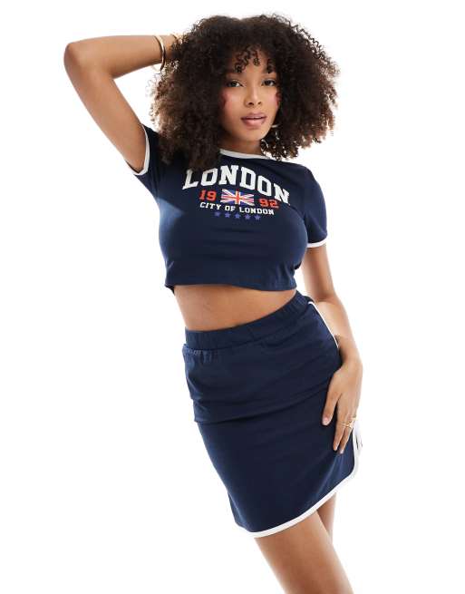 Pieces Sport Core 'London' cropped t-shirt with contrast trim in navy and white (part of a set)