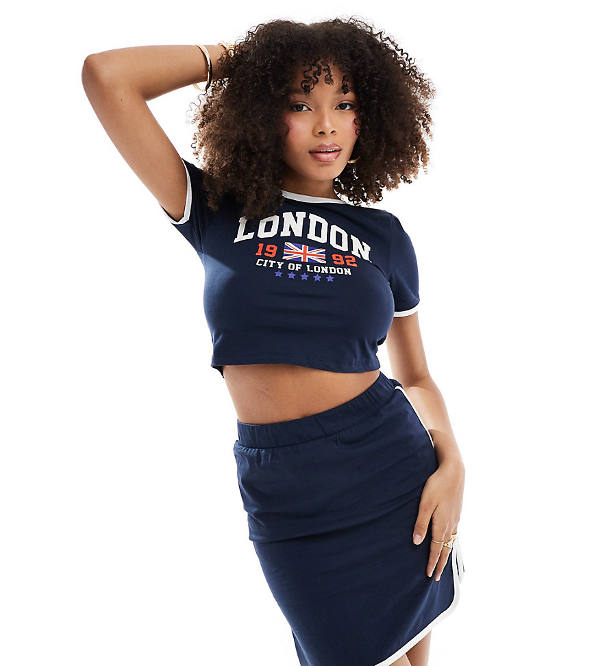 Pieces Sport Core London Graphic Cropped T-shirt With Contrast Trim In Navy And White - Part Of A Set