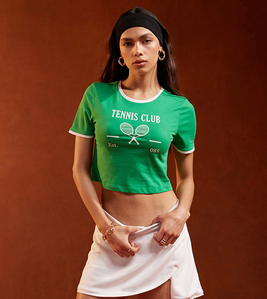 Pieces Sport Core ’Tennis Club’ cropped t-shirt with contrast trim in green and white