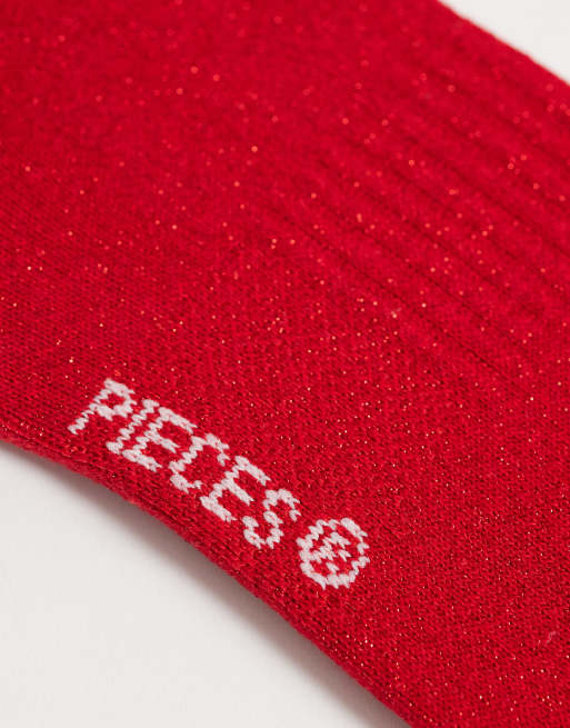 Pieces - Sportieve gestreepte sokken met glitter in rood, 2 van 3
