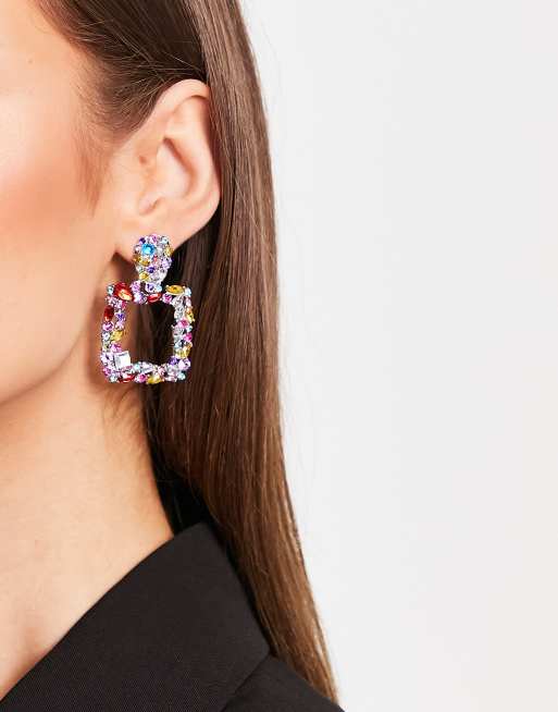 Pieces square drop earrings in rainbow rhinestones