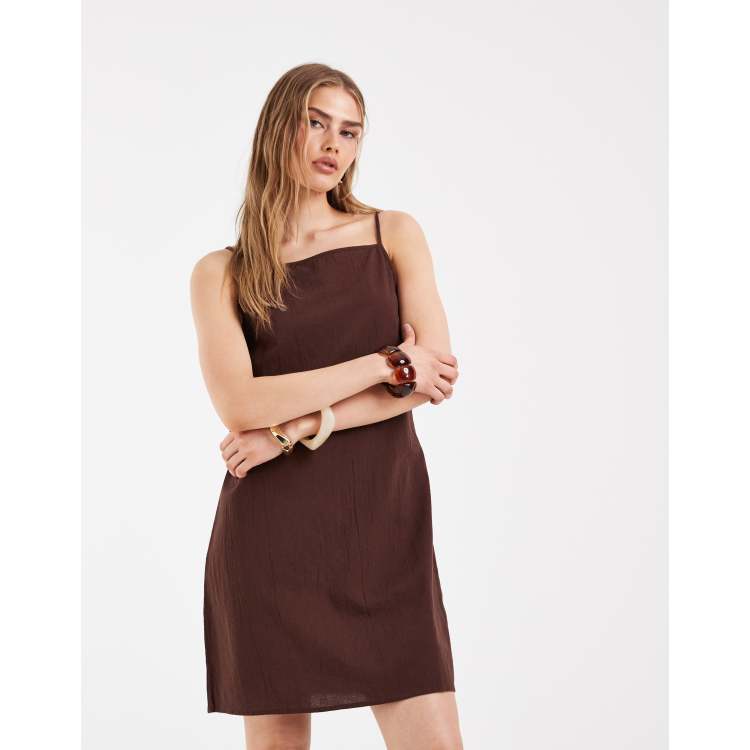 PIECES square neck cotton textured mini dress in coffee brown | ASOS