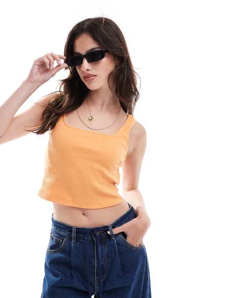 Pieces square neck crop top in tangerine - view 1