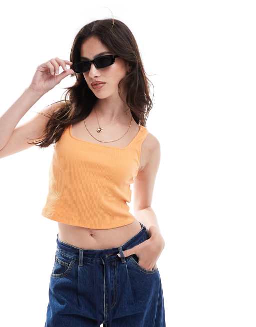 Pieces square neck crop top in tangerine | ASOS