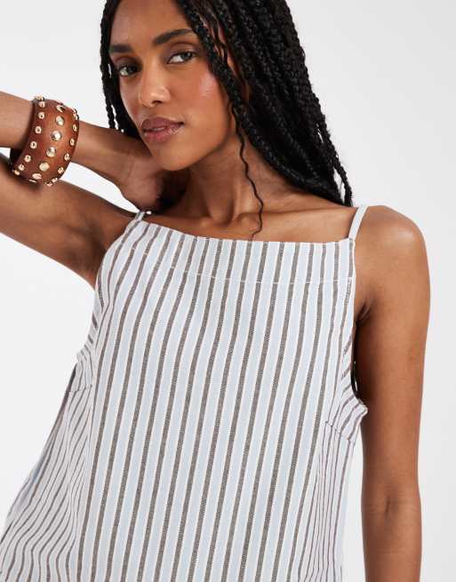 Pieces square neck denim top in light blue and brown stripe (part of a set), 3 of 4