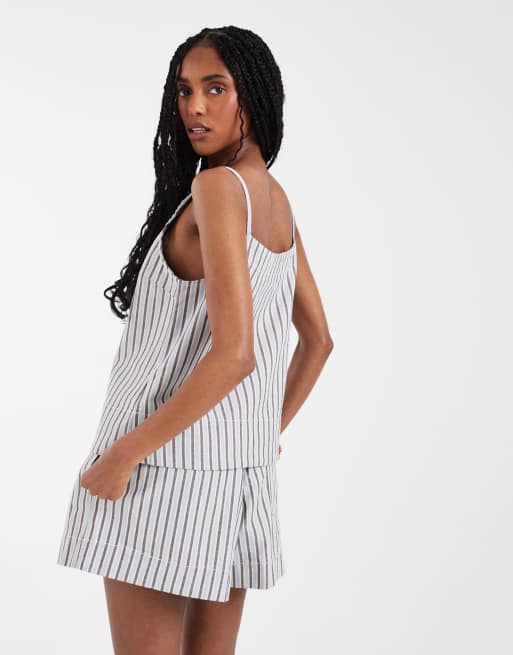 Pieces square neck denim top in light blue and brown stripe (part of a set), 4 of 4