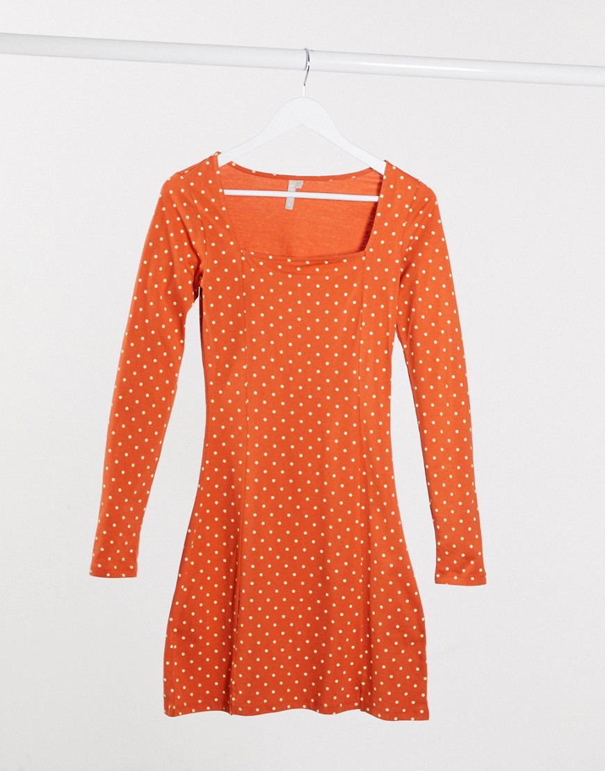 Pieces square neck midi polka dot dress-Orange
