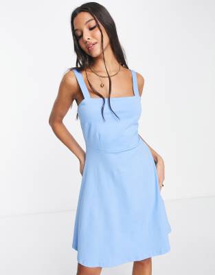 Pieces square neck mini skater dress in pale blue