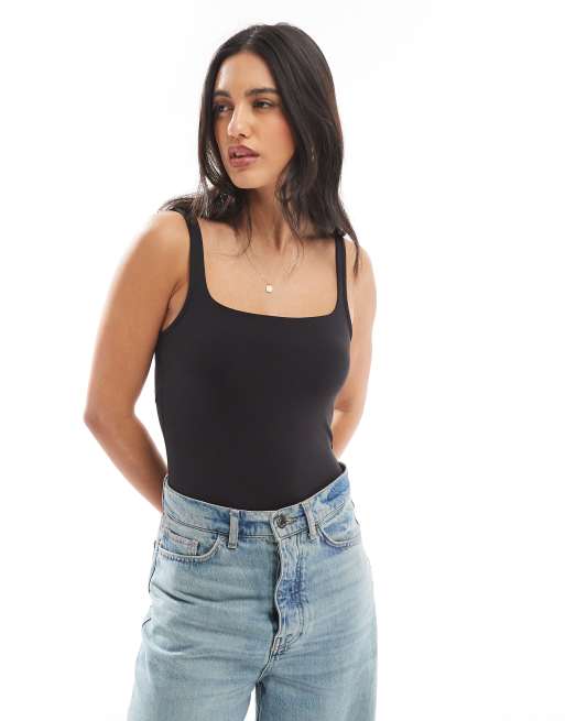 Pieces square neck seamless bodysuit in black