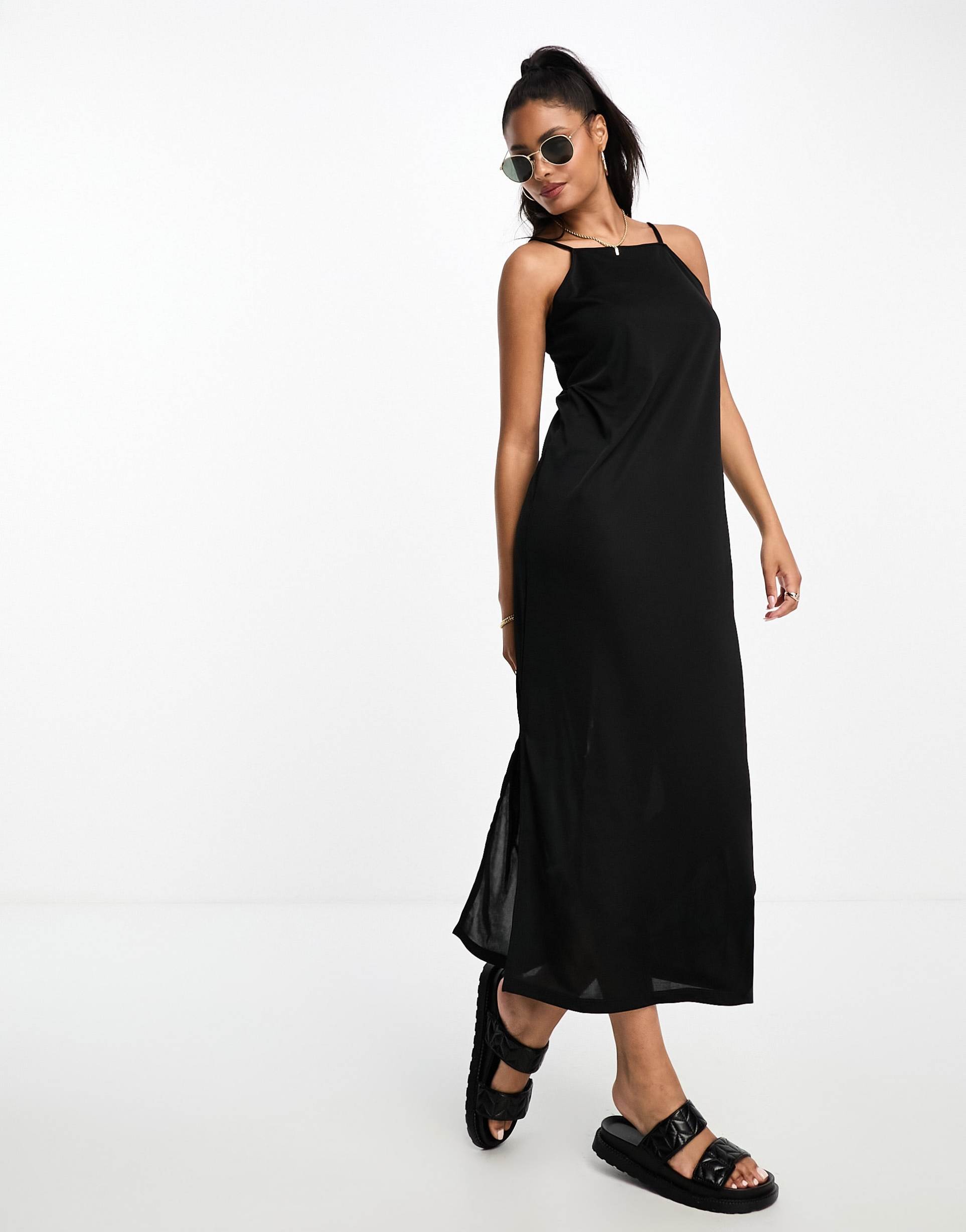 pieces square neck strap detail midi dress in black