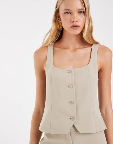 Pieces square neck tailored waistcoat co-ord in beige - view 1