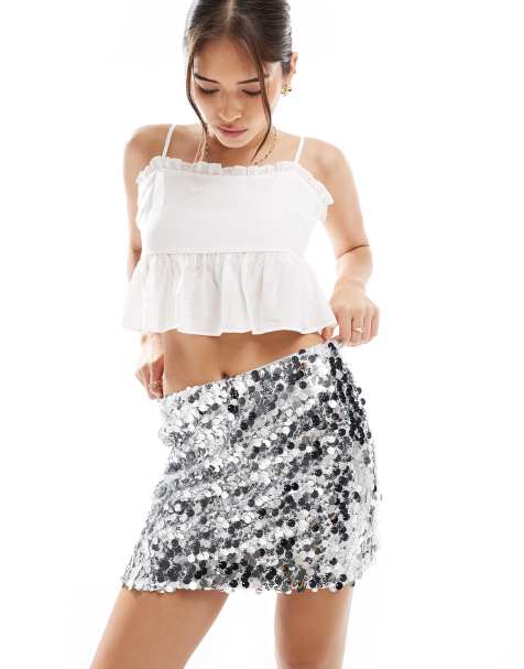 Pieces sequin mini skirt in silver
