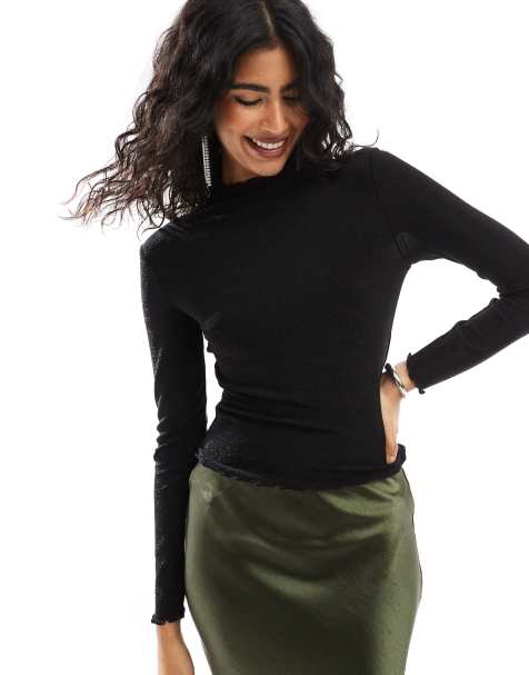 Pieces – Srebrny brokatowy top z długim rękawem i karbowanym brzegiem - view 1