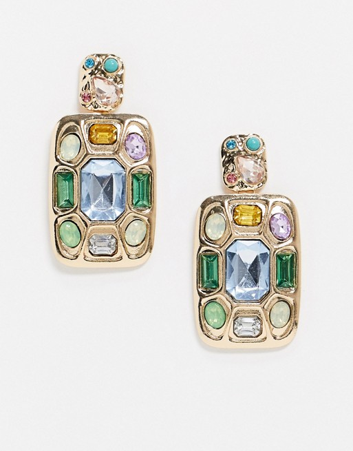 Pieces statement drop earrings with multi coloured gems