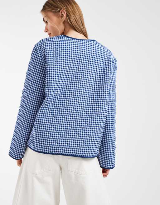 Pieces – Steppjacke mit gebundener Vorderseite und Vichy-Karo in Blau und Weiß, 4 von 4
