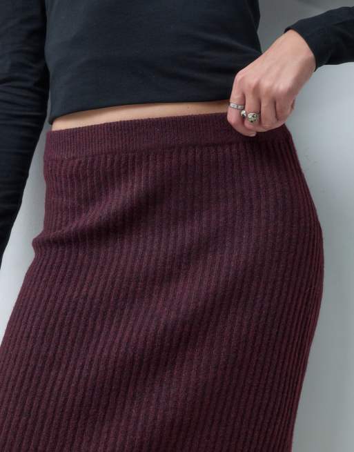 Pieces stickad maxikjol med hög midja i burgundy, set, 3 av 5