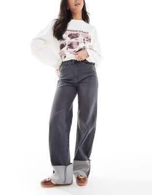 Pieces Straight Leg Fold Up Jeans In Gray