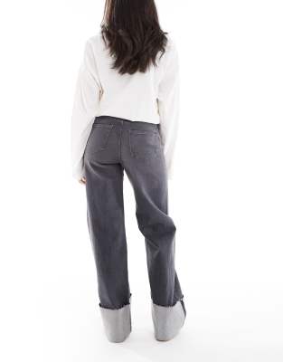 Pieces Straight Leg Fold Up Jeans In Gray