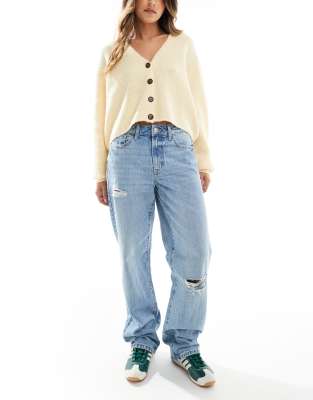 Pieces straight leg jeans with distressing in light blue denim