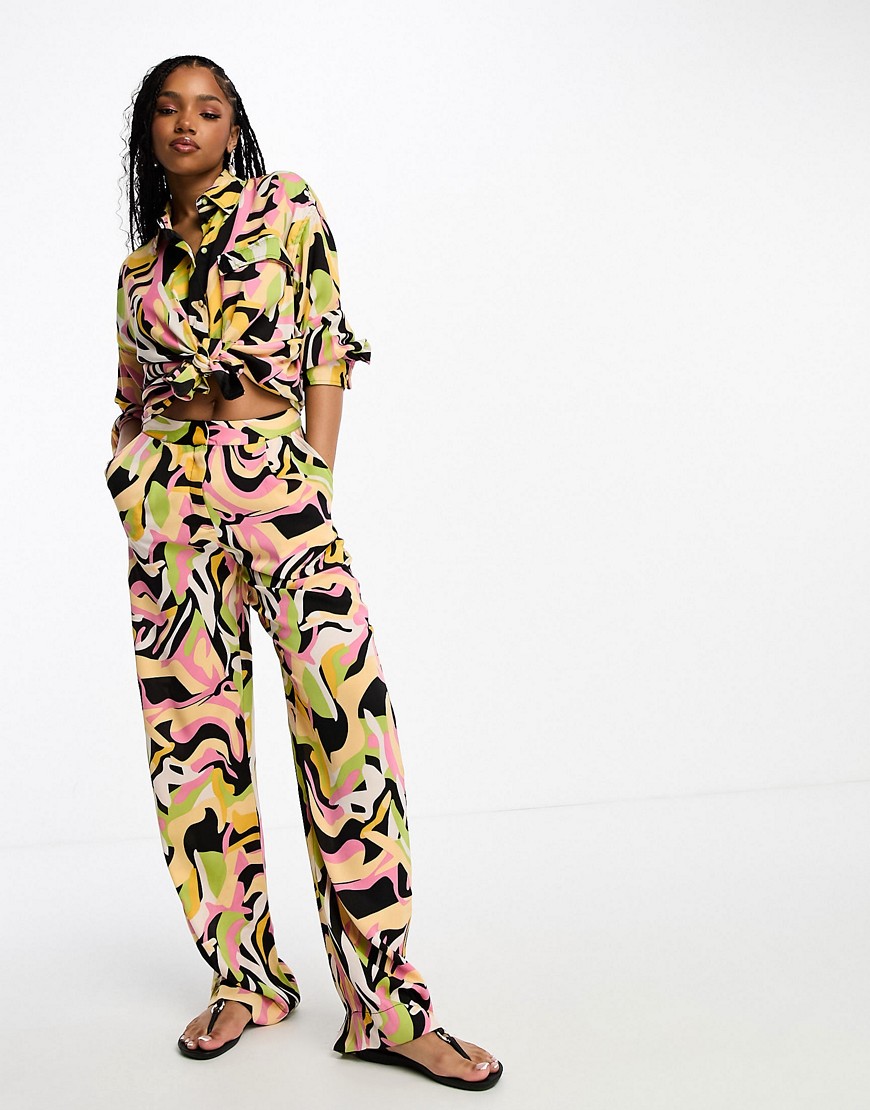 Pieces straight leg trousers co-ord in multi wavy print
