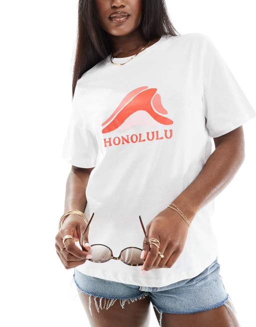 Pieces – Strand-T-Shirt in Weiß mit „Honolulu“-Print vorne