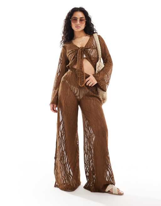 Pieces - Strandtop van mesh met golvend motief in bruin, deel van co-ord set