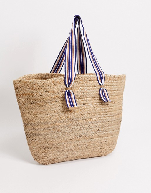 Pieces straw shopper in natural with blue handles