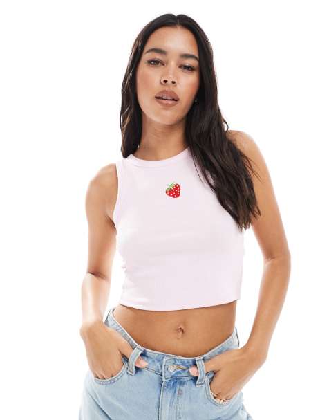 Pieces strawberry embroidered cropped tank top in light pink - view 1