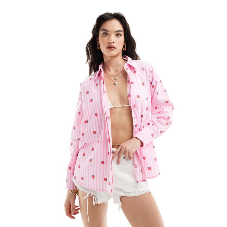 トップス strawberry Pieces strawberry stripe oversized shirt in pink | ASOS